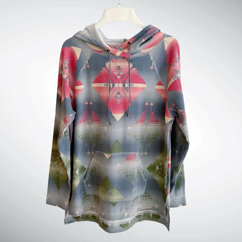 NWT Chaps Pullover Ribbed Southwestern Hoodie Aztec Design Long Sleeves